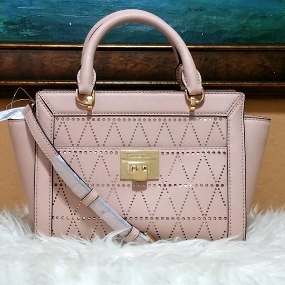 MICHAEL KORS vanilla gold Tina Messenger tote Leather Satchel Bag Vivianne NWT - Picture 1 of 11